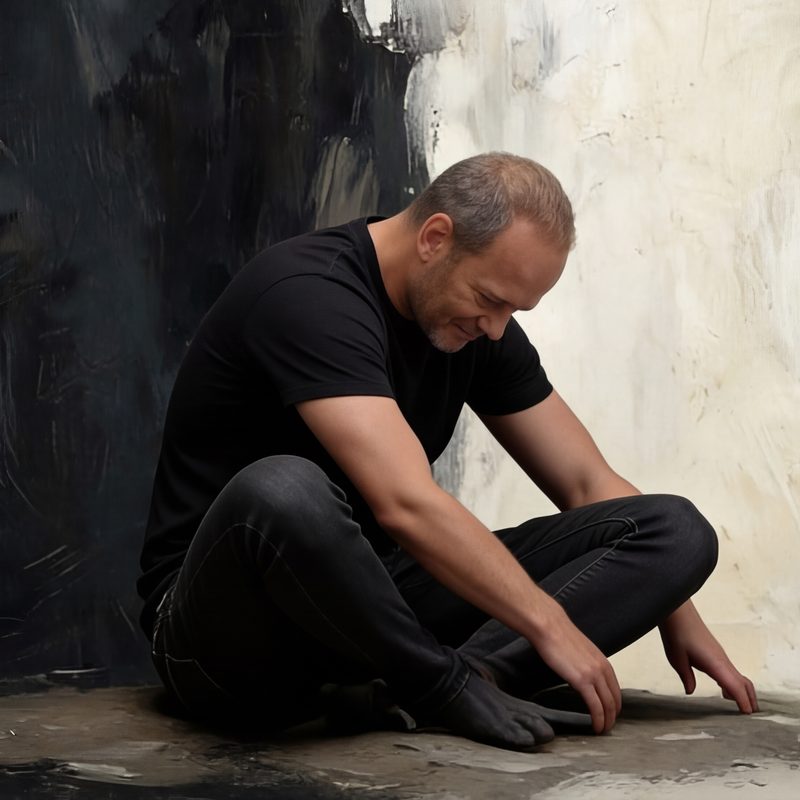 Stale Jan against a black and white painted wall